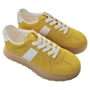盛先生 黄色德训鞋女2025新款真皮厚底透气休闲运动鞋轻便女鞋