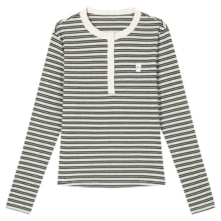 PSO Brand女装索罗娜凉感速干亨利领长袖t恤女条纹针织衫上衣春季