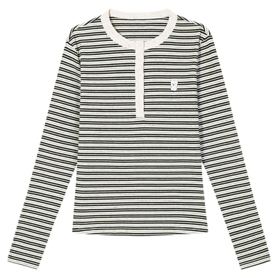 PSO Brand女装索罗娜凉感速干亨利领长袖t恤女条纹针织衫上衣春季