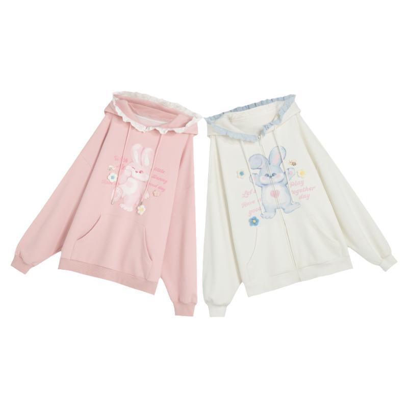 森女部落原创兔子耳朵兔耳朵卫衣加绒粉色外套女2025秋冬甜美可爱