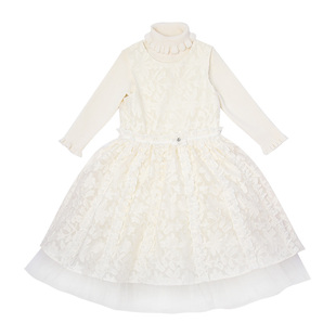 力高芘熊女童秋冬新款晚礼服女孩白色演出服长袖宴会女童连衣裙VI