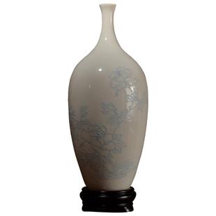 东方泥土 德化白瓷手绘线雕牡丹陶瓷花瓶摆件 中式客厅瓷器装饰品