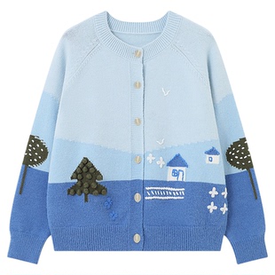 Basic House/百家好春季提花开衫女蓝白渐变宽松显瘦针织外套上衣