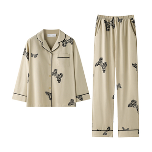 曼系“梦蝶”长袖睡衣女春秋带胸垫宽松大码时尚开衫休闲居家套装