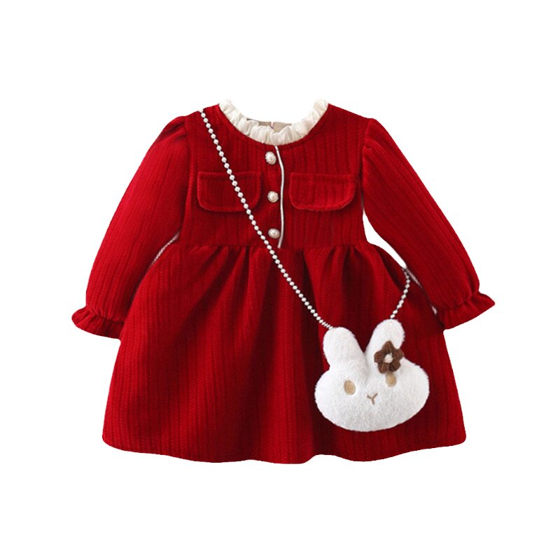 女童红色连衣裙加绒新年喜庆过年儿童衣服周岁礼服拜年服冬装裙子