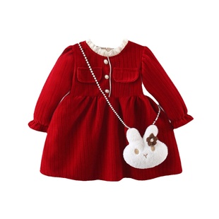 女童红色连衣裙加绒新年喜庆过年儿童衣服周岁礼服拜年服冬装裙子
