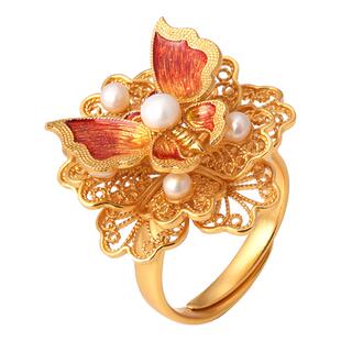 蝶恋花银鎏金戒指非遗花丝镂空蝴蝶珐琅珍珠多层新中式开口银指环