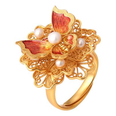 非遗花丝镂空蝴蝶珐琅珍珠银戒指