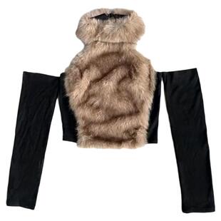 【AGD】RubyDoll毛毛挂脖高领复古长袖T恤黑色性感辣妹修身打底衫