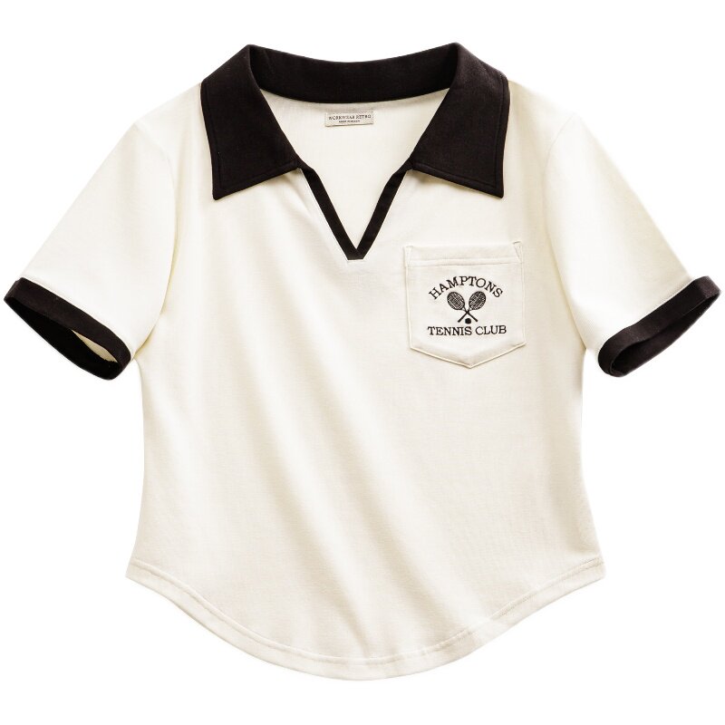 马登美式复古短款V领Polo衫正肩短袖t恤修身老钱风撞色上衣夏女士