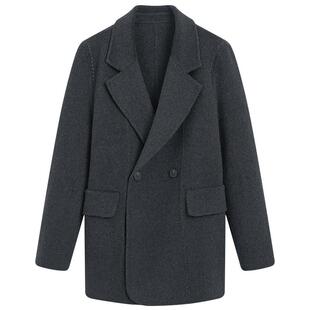 KBNE高智通勤翻领毛呢西装外套女2025冬季新款灰色气质双面呢大衣