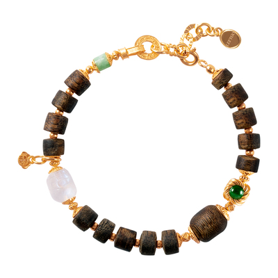 天然沉香老型珠手链女银镀金手串