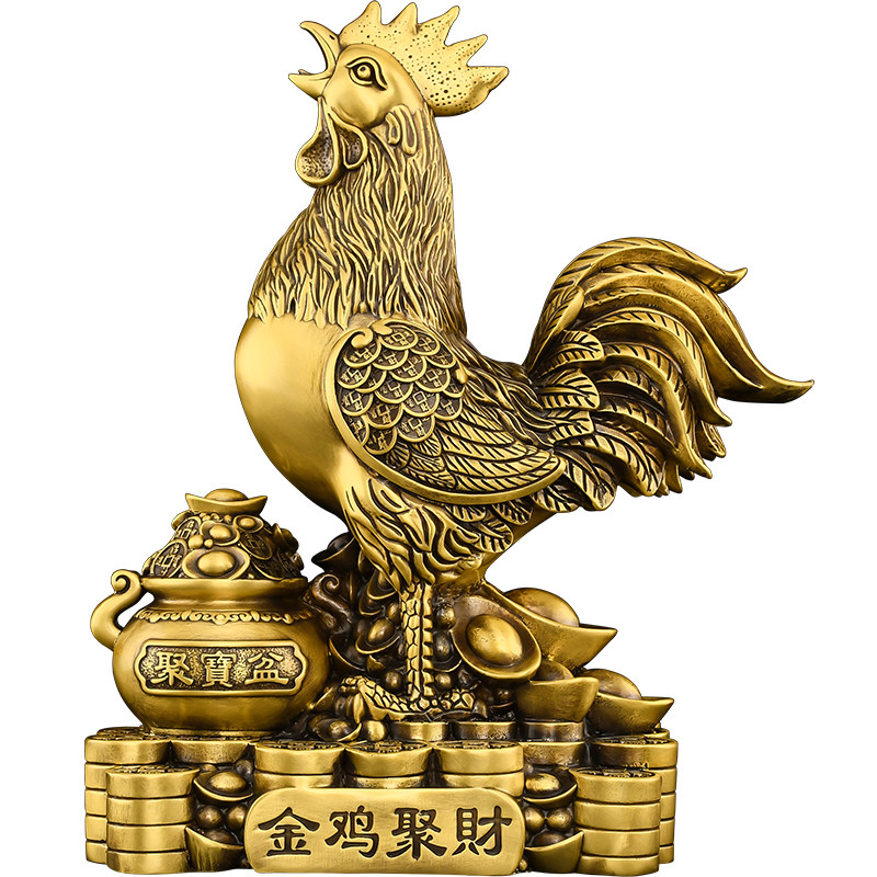 铜公鸡摆件黄铜金鸡吉祥物聚宝盆生肖鸡工艺品客厅卧室装饰品大号
