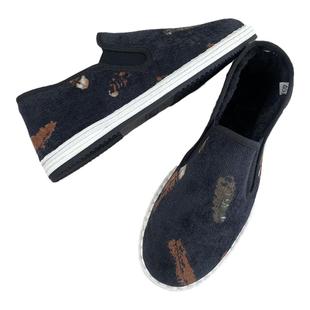 老北京手工千层底冬季加绒国潮灯芯绒印花一脚蹬套脚休闲男花布鞋