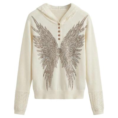 TCH烫钻白色蕾丝拼接连帽休闲百搭针织衫2026春款女T78A09E1167