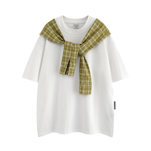 悟空有货小众设计格子披肩假两件T恤男潮牌宽松休闲cleanfit短袖