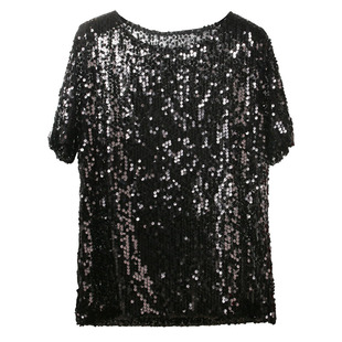 夏季新款舞台表演透视网纱短袖上衣BLING闪闪亮片晶晶短袖T恤女潮