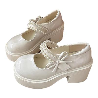 小皮鞋法式珍珠粗跟圆头玛丽珍鞋