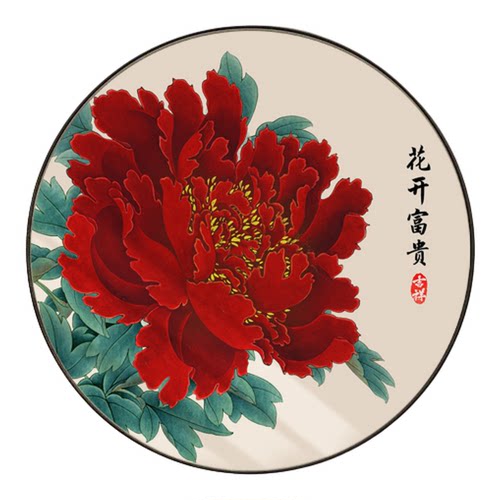 红色牡丹花挂画新中式客厅玄关圆形装饰画花开富贵画走廊过道墙画