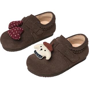 斯纳菲女童皮鞋儿童勃肯鞋秋冬新款加绒新年红小公主牛皮保暖棉鞋