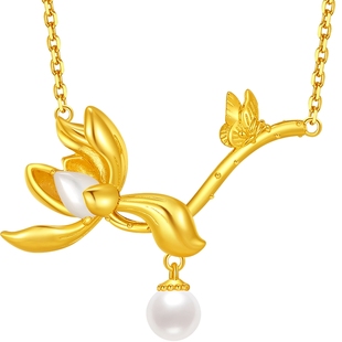 潮宏基花韵玉兰s925银珍珠项链银饰套链坠链生日女新中式送女友