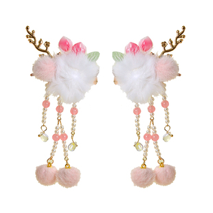 古风毛球发饰粉色桃子对夹国风汉服头饰可爱甜美儿童拍照古装发夹