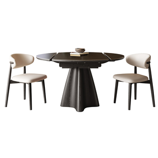 纯黑岩板伸缩餐桌可变圆桌美式高级感折叠两用小户型复古风吃饭桌