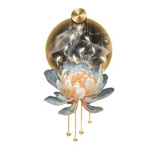 九鱼荷花图玄关装饰画新中式睡莲花走廊壁画入户带灯格栅装饰挂件