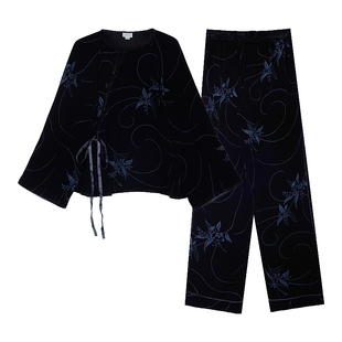 蔓青罗』丝侬真丝丝绒睡衣女士优雅兰花高级感家居服2025秋冬新款