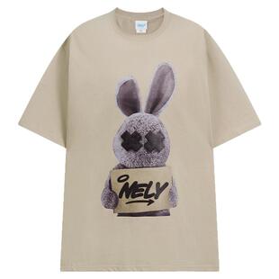 美式复古纯棉兔子笑脸印花oversize短袖t恤男女ins潮夏季chic上衣