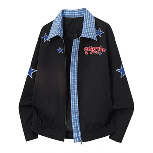 查尔斯桃心美式星星印花格子拼接夹克男女春秋季新款百搭休闲外套