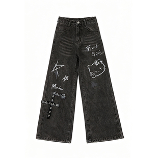 自然涩美式春秋新款黑色凯蒂猫印花直筒牛仔裤涂鸦阔腿裤子冬季女