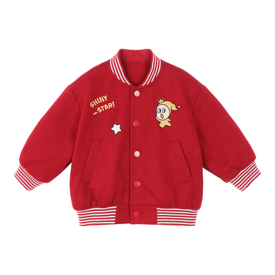 小O爸男婴童 宝宝夹棉外套红色棒球服加厚2025新款婴儿秋冬棉服