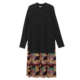 MOVEUP幻走2025冬季新款.FUN系列莱赛尔假两件压褶裙摆针织连衣裙