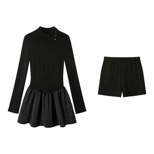 【迷迭庄园】Uena明星同款黑色堆堆领长袖拼接蓬蓬连衣裙附打底裤