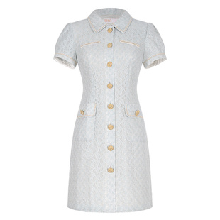 固执夏季新款小香风排扣泡泡短袖蕾丝短款连衣裙32842LQ09170