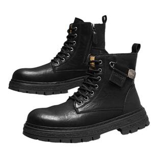 马克华菲官方男鞋马丁靴2025新真皮高帮男式靴子英伦风黑工装皮靴