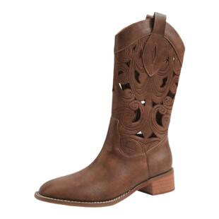 序佳镂空棕色西部牛仔靴子切尔西骑士靴女长筒美拉德马丁靴女夏天