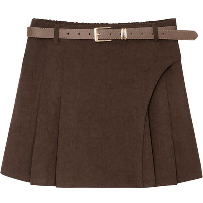 复古不对称修身百褶灯芯绒半身裙