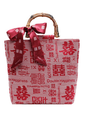 红色包包竹节喜字大容量手提包