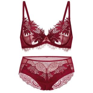 套装LACLOVER蕾丝刺绣薄杯内衣内裤高端挚爱西西里红品红色本命年