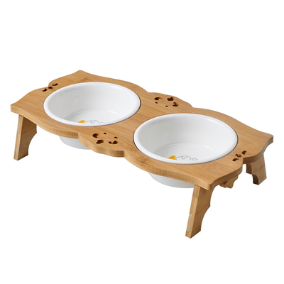 hocc欧式碗架双碗猫水碗猫碗陶瓷天然竹木猫粮碗易清洗水碗粮碗