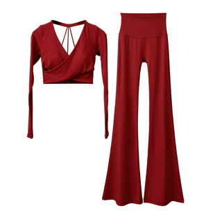 2025超火红色瑜伽服套装女高级感美背运动健身训练长袖上衣喇叭裤