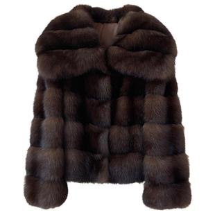 俄罗斯进口满天星紫貂时尚大翻领皮草外套女环保水貂皮毛一体大衣