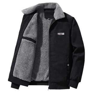 2025新款灯芯绒棉衣男冬季加绒加厚外套仿羊羔绒翻领棉袄条绒棉服