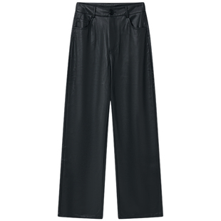 Halo Luu 黑色直筒加绒皮裤女秋冬高腰显瘦pu皮窄版阔腿休闲长裤