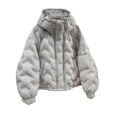米灰色连帽短款羽绒服女冬波浪纹