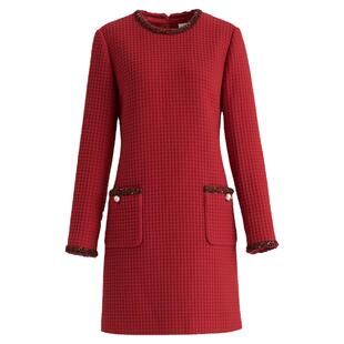 OBEG欧碧倩法式香风连衣裙女冬华夫格氛围感红色裙子10464169