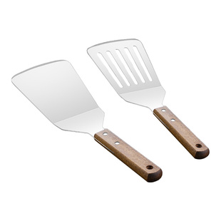 新款煎铲不锈钢锅铲铁板烧煎饼果子专用煎铲漏铲木柄炒勺平口铲子