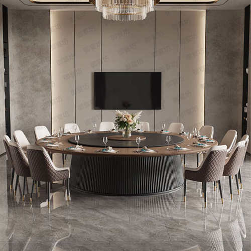 酒店电动大圆桌实木餐桌椅岩板转盘20人15会所包厢饭店2米3新中式